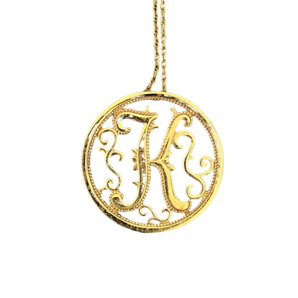 Monogram K Script Initial Circle Pendant Necklace… - image 1